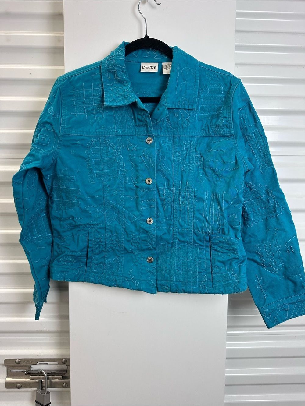 Chico's Teal Embroidered Button Jacket